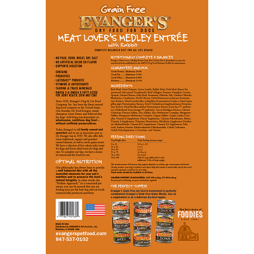 Evanger's Grain-Free Meat Lover’s Medley With Rabbit Dry Food-30 LB