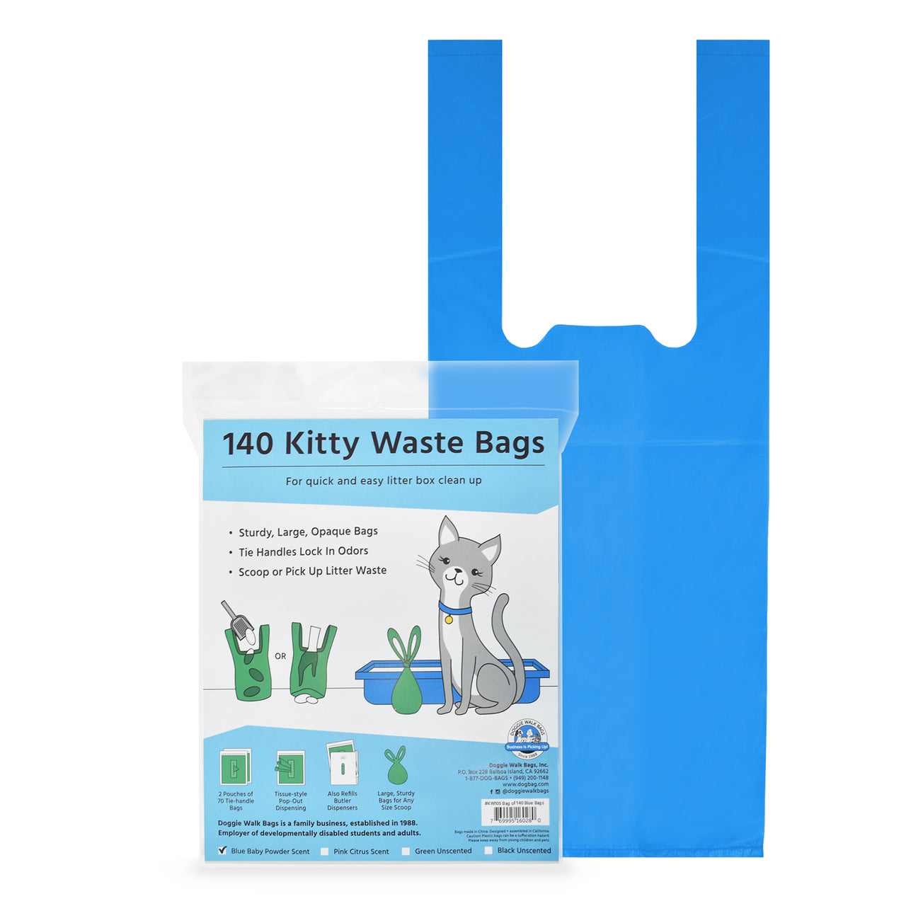 Doggie Walk Cat Litter Bags-140 Tie Handle - Blue